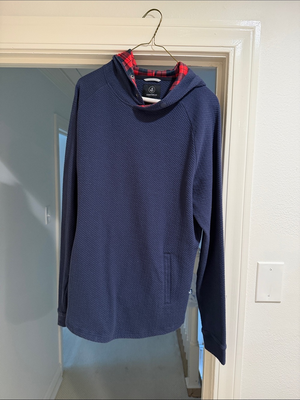 Classic Navy Hooded Pullover with Red Plaid Trim